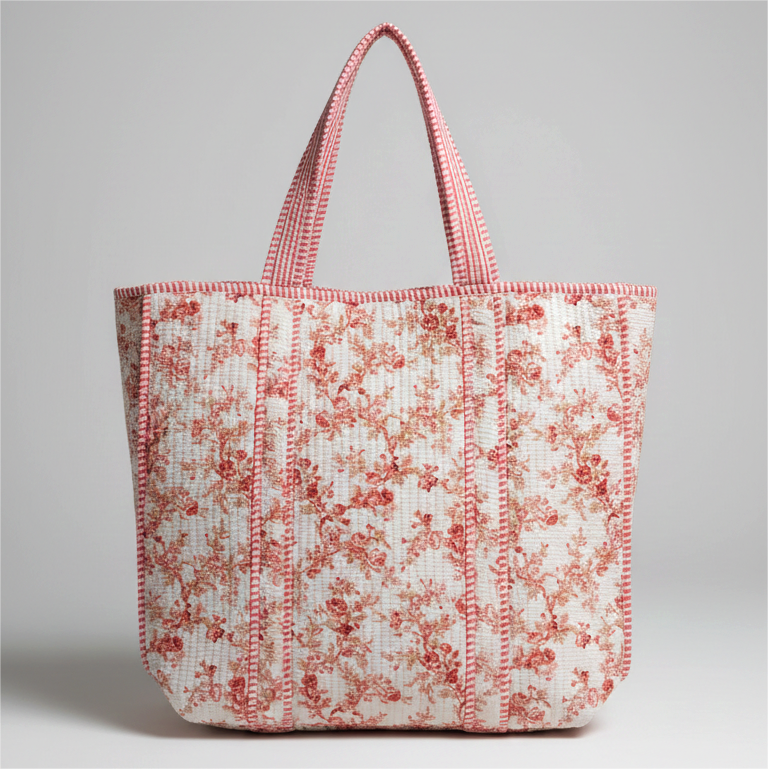 Handmade Pink Floral Block Print Quilted Cotton Tote Bag, Indian Hand Block Print Boho Shoulder Bag, Delicate Botanical Travel Shopping Beach Bag