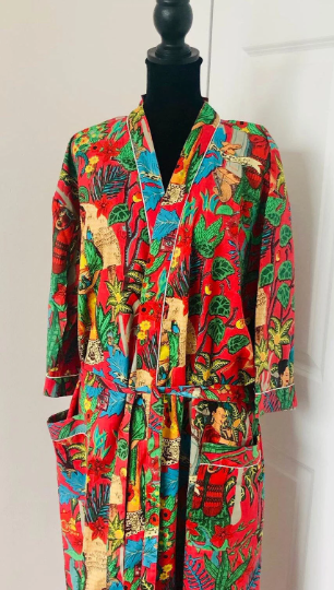 Handcrafted Block Print Cotton Kimono Robe | Red Frida Kahlo Floral Bohemian Lounge Robe | Spa & Sleepwear