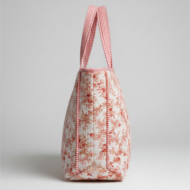 Handmade Pink Floral Block Print Quilted Cotton Tote Bag, Indian Hand Block Print Boho Shoulder Bag, Delicate Botanical Travel Shopping Beach Bag