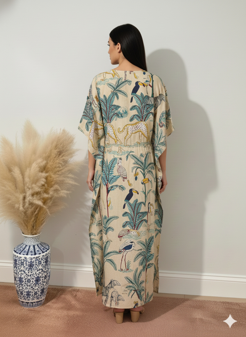 Hand Block Print Cotton Kaftan - Green Jungle Safari Long Maxi Dress, Soft Loungewear