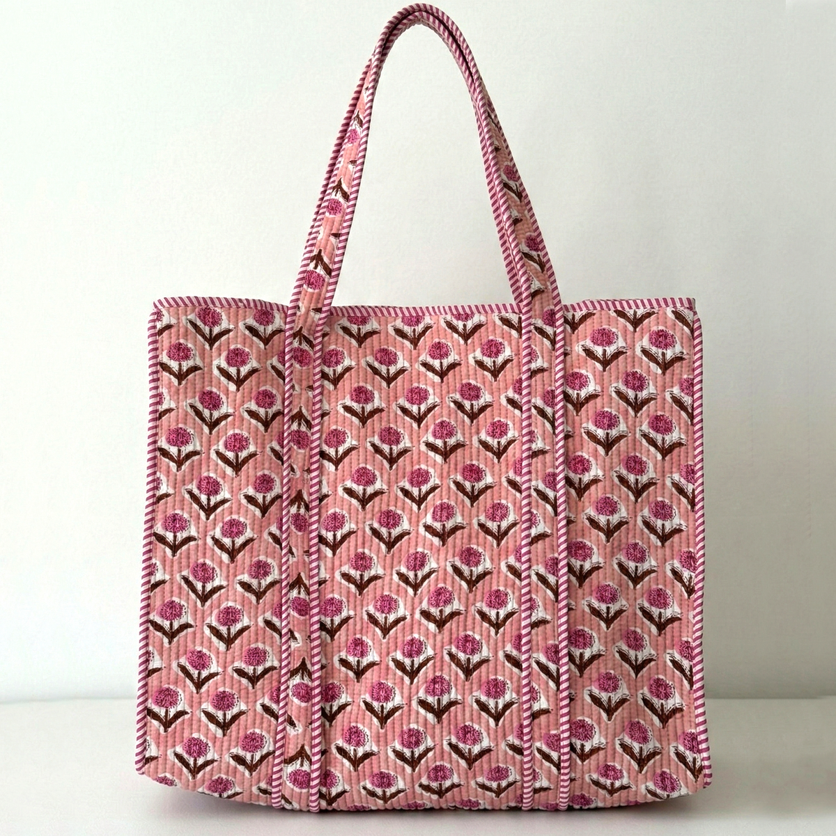 Handmade Pink Floral Block Print Quilted Cotton Tote Bag, Indian Boho Shoulder Bag, Marigold Print Travel Shopping Beach Bag
