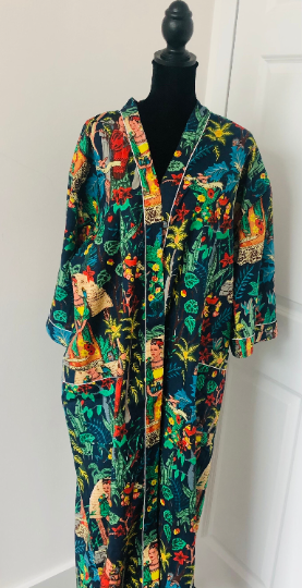 Handcrafted Block Print Cotton Kimono Robe | Magenta Pink & Multicolor Artistic Frida Portrait Lounge Robe | Spa & Sleepwear
