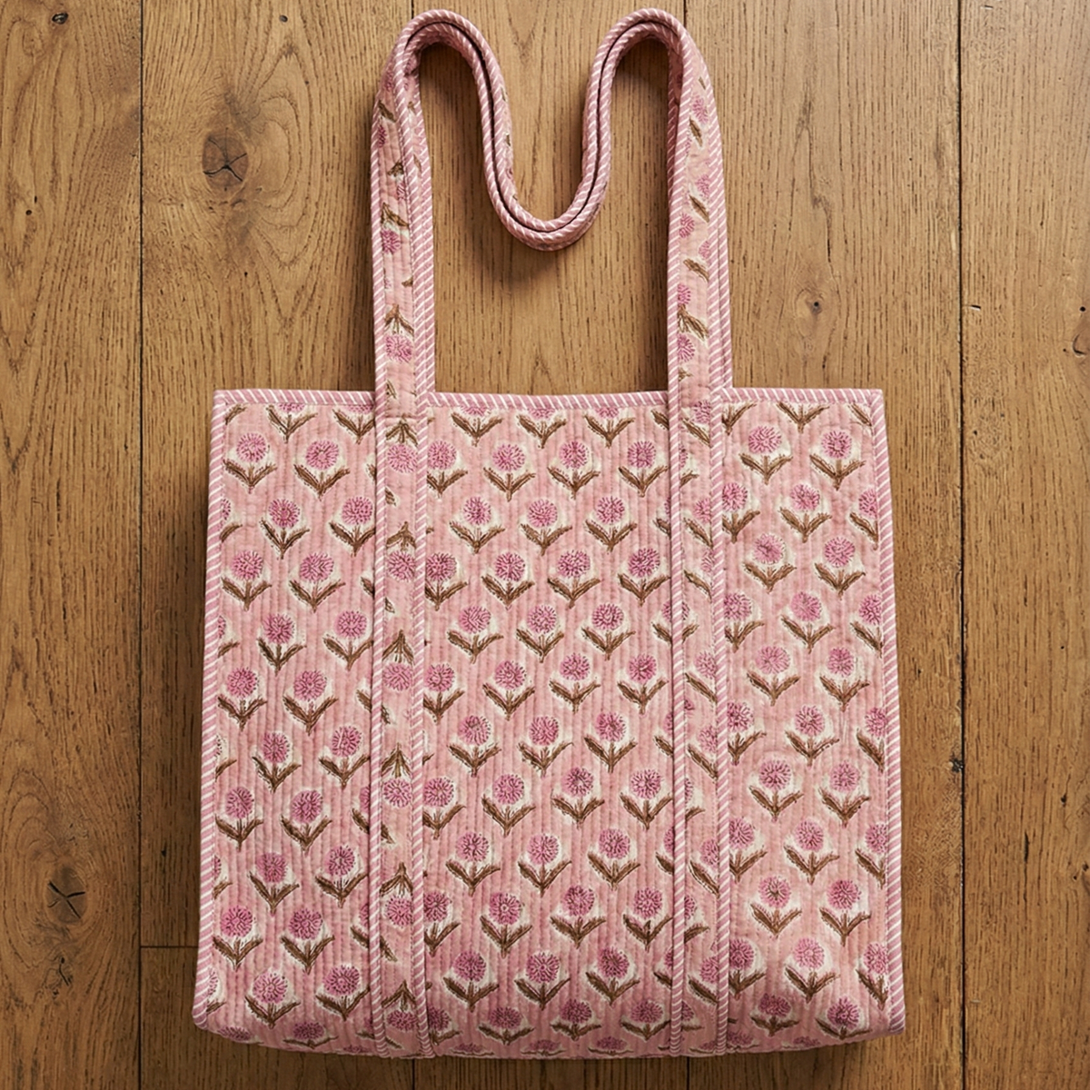 Handmade Pink Floral Block Print Quilted Cotton Tote Bag, Indian Boho Shoulder Bag, Marigold Print Travel Shopping Beach Bag