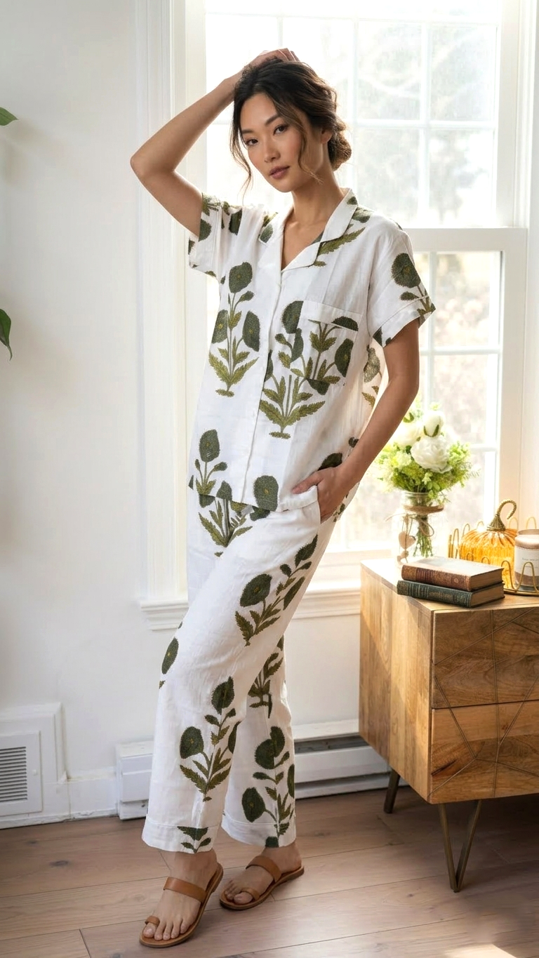 Crimson Red Poppy Floral Hand Block Print Cotton Short Sleeves Pajama Set, Lounge and Sleepwear, Holiday Pajamas Set