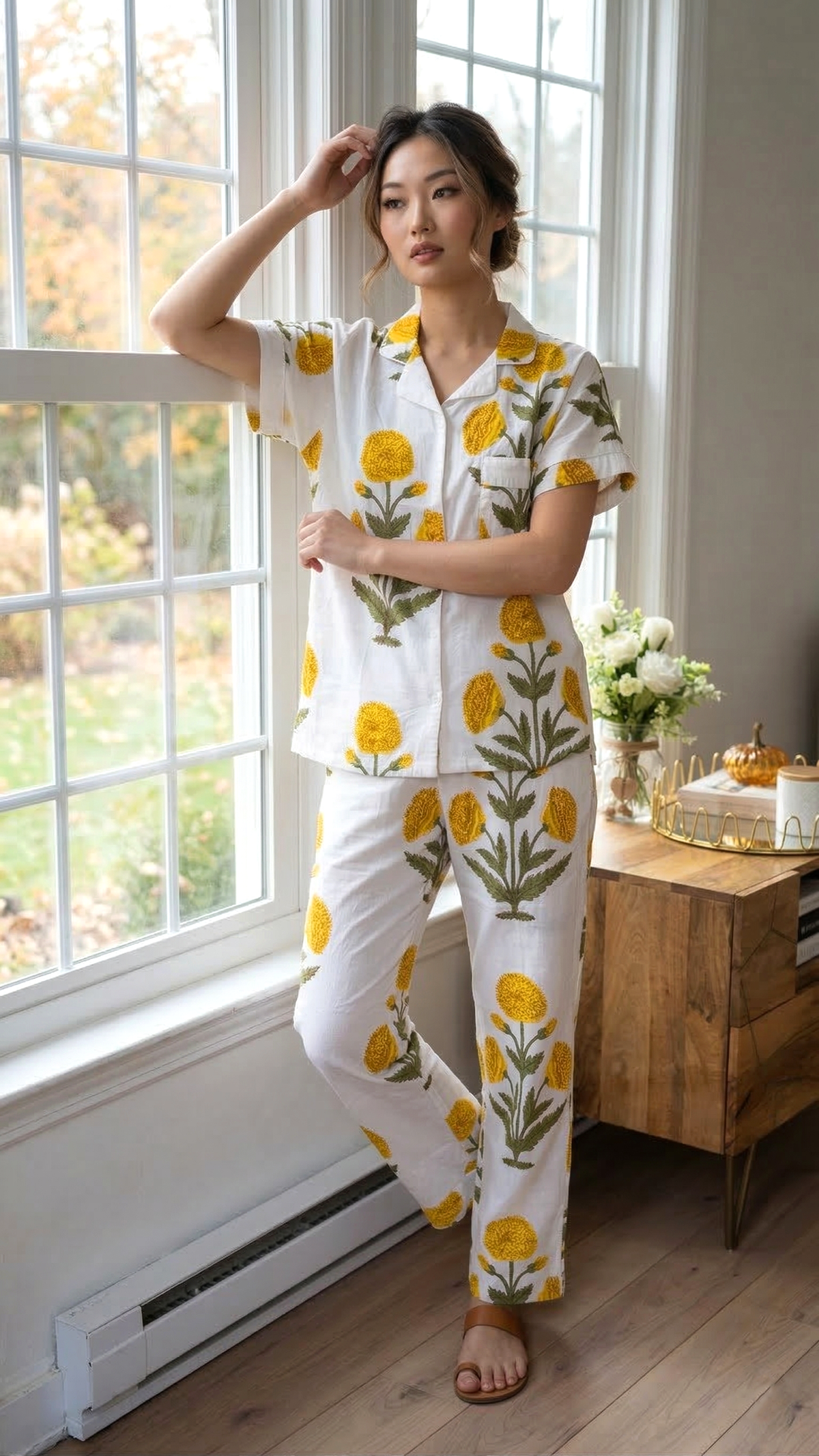 Crimson Red Poppy Floral Hand Block Print Cotton Short Sleeves Pajama Set, Lounge and Sleepwear, Holiday Pajamas Set