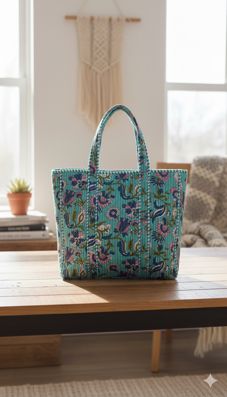 Handmade Turquoise Floral Block Print Quilted Cotton Tote Bag, Indian Boho Shoulder Bag, Botanical Travel Shopping Beach Bag