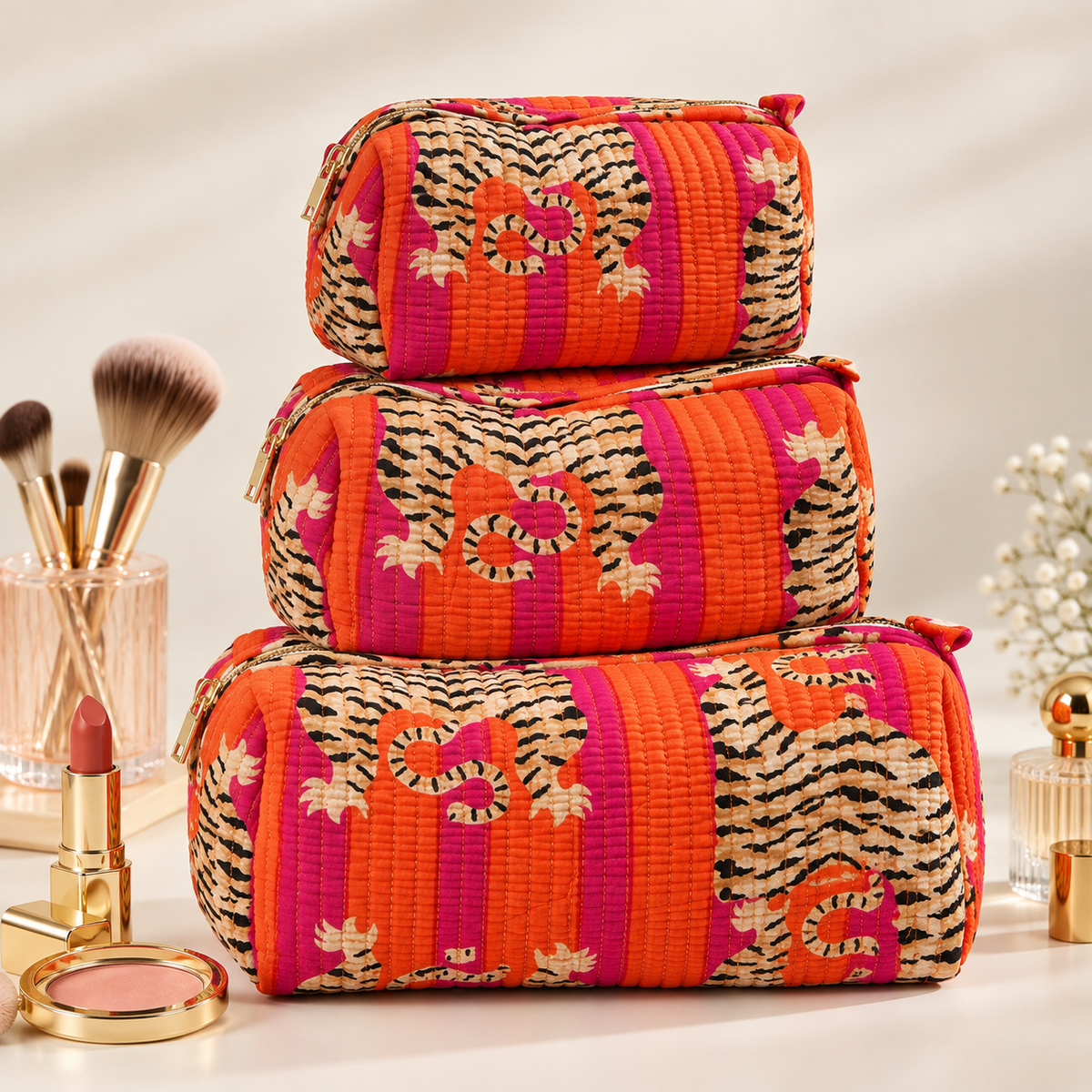 Set Of 3 Makeup Bag, Pink Tiger Stripe Block Print Cotton Travel Case, Quilted Cosmetic Storage Bag Set