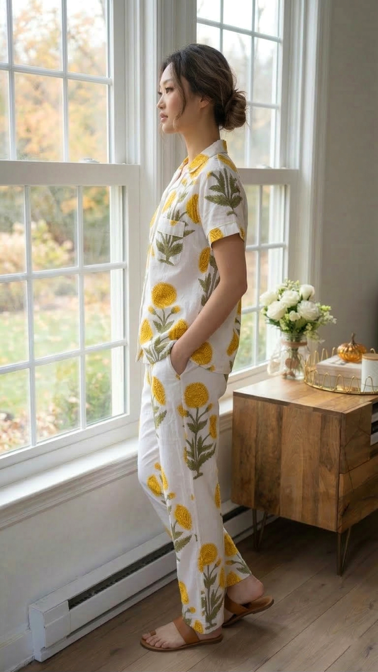 Yellow Floral Hand Block Print Cotton Short Sleeves Pajama Set, Lounge and Sleepwear, Holiday Pajamas Set