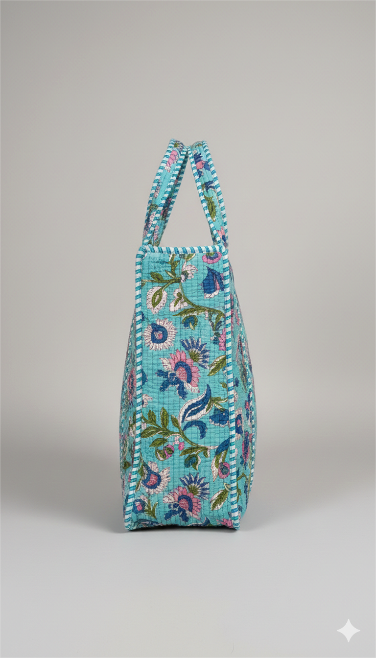 Handmade Turquoise Floral Block Print Quilted Cotton Tote Bag, Indian Boho Shoulder Bag, Botanical Travel Shopping Beach Bag