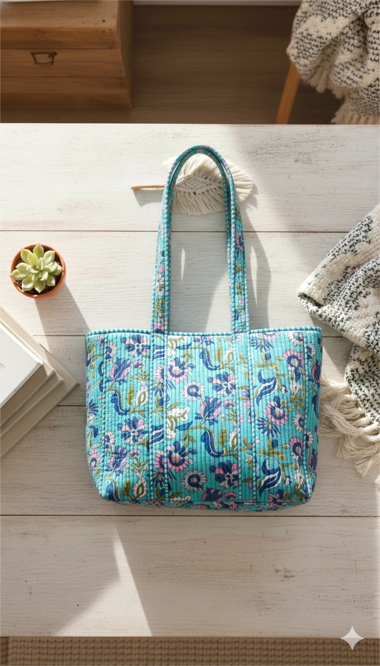 Handmade Turquoise Floral Block Print Quilted Cotton Tote Bag, Indian Boho Shoulder Bag, Botanical Travel Shopping Beach Bag