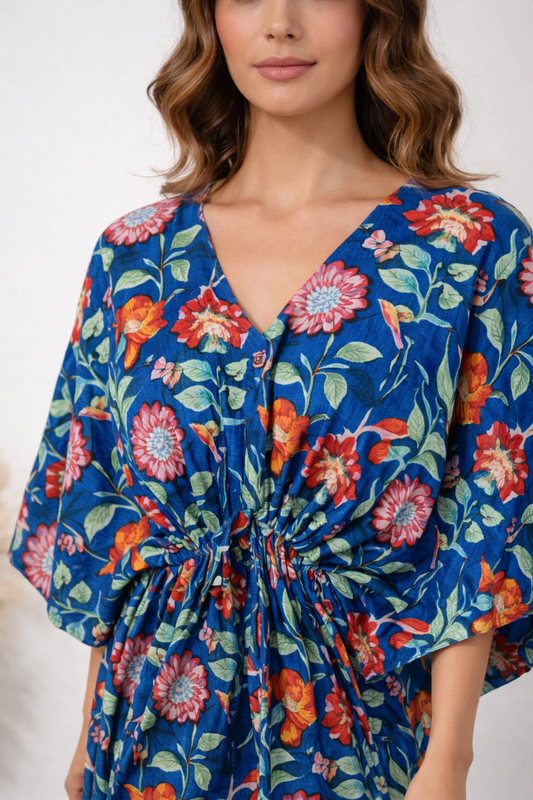 Hand Block Print Cotton Kaftan - Royal Blue Floral Long Maxi Dress, Soft Loungewear