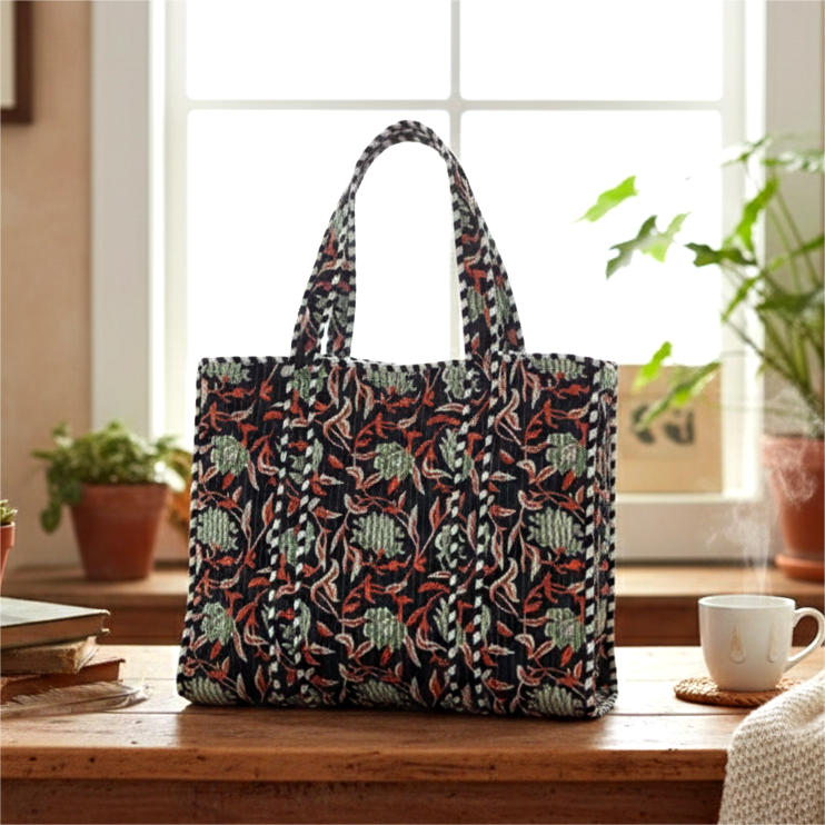 Handmade Black Floral Block Print Quilted Cotton Tote Bag, Indian Boho Shoulder Bag, Botanical Travel Shopping Beach Bag