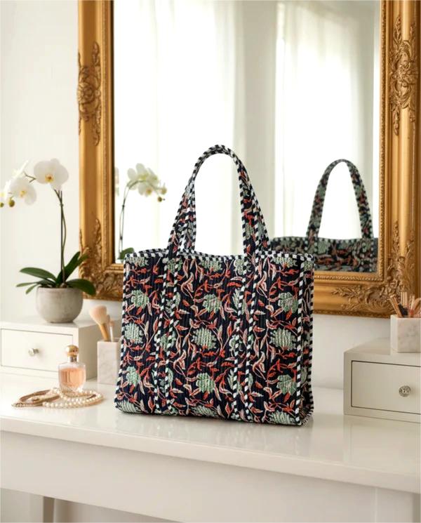 Handmade Black Floral Block Print Quilted Cotton Tote Bag, Indian Boho Shoulder Bag, Botanical Travel Shopping Beach Bag