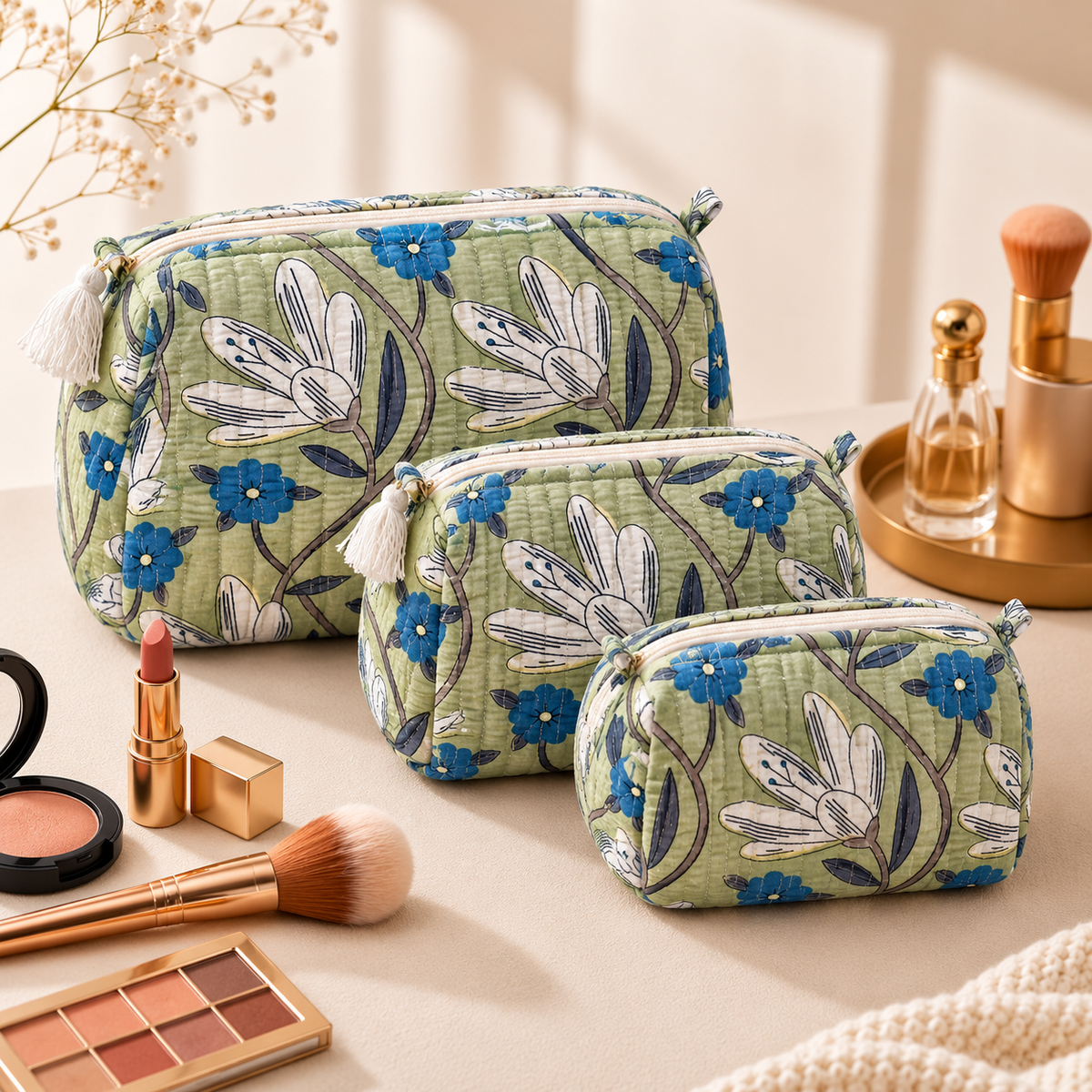Set Of 3 Makeup Bag, Sage Lotus Floral Block Print Cotton Travel Case, Quilted Cosmetic Storage Bag Set