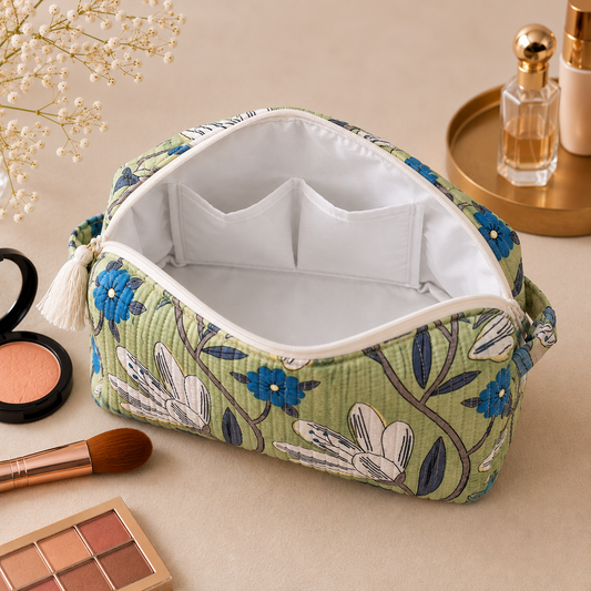 Set Of 3 Makeup Bag, Sage Lotus Floral Block Print Cotton Travel Case, Quilted Cosmetic Storage Bag Set