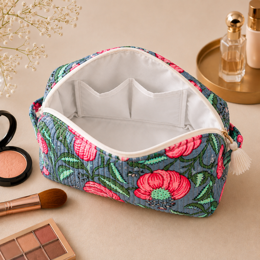Set Of 3 Makeup Bag, Slate Peony Floral Block Print Cotton Travel Case, Quilted Cosmetic Storage Bag Set