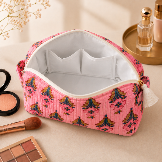 Set Of 3 Makeup Bag, Blush Boota Floral Block Print Cotton Travel Case, Quilted Cosmetic Storage Bag Set