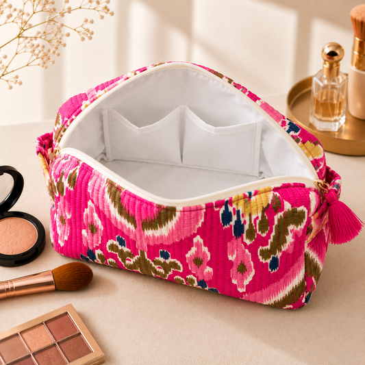 Set Of 3 Makeup Bag, Bandhani Chevron Print Cotton Travel Case, Quilted Cosmetic Storage Bag Set