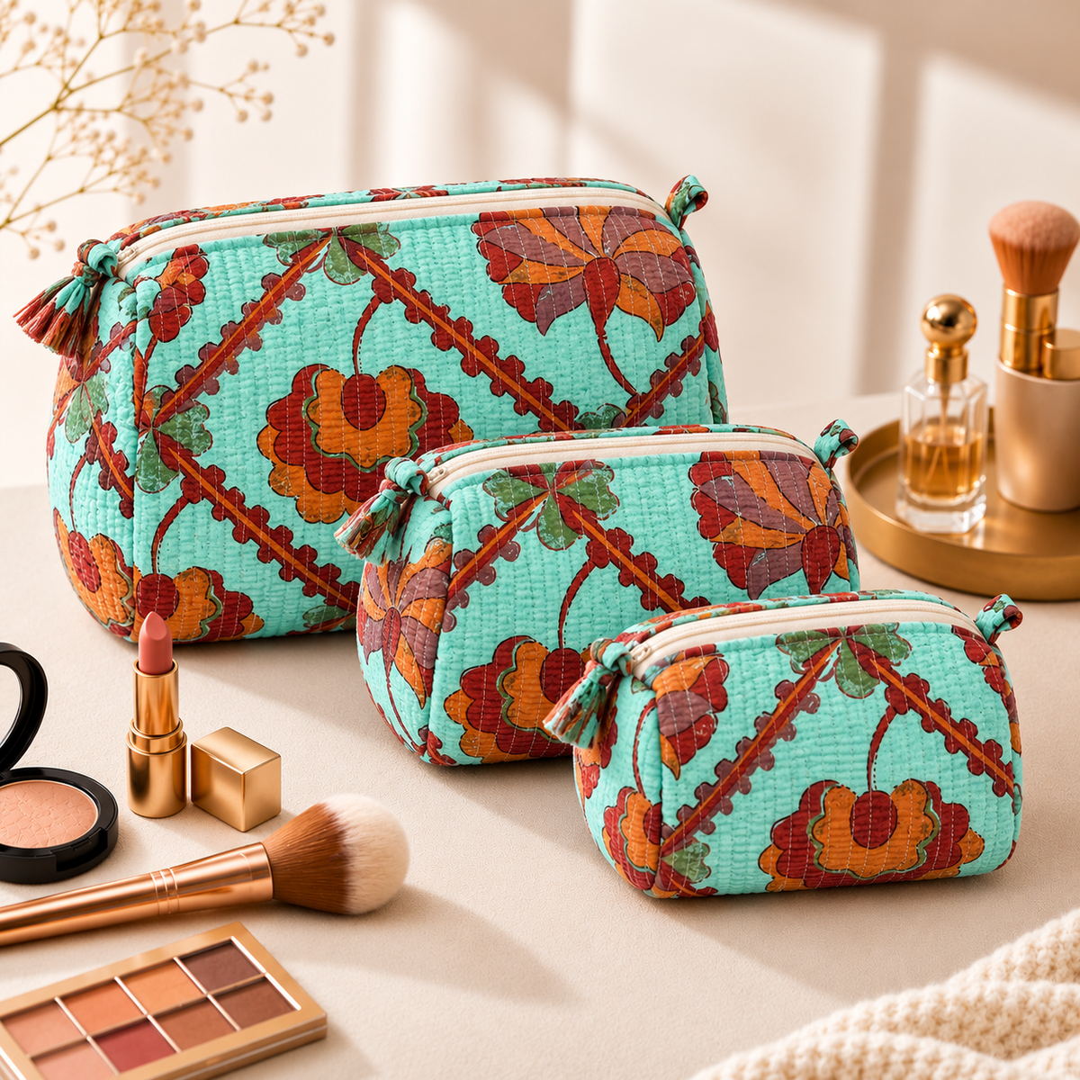 Set Of 3 Makeup Bag, Turquoise Trellis Floral Block Print Cotton Travel Case, Quilted Cosmetic Storage Bag Set