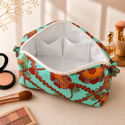 Set Of 3 Makeup Bag, Turquoise Trellis Floral Block Print Cotton Travel Case, Quilted Cosmetic Storage Bag Set