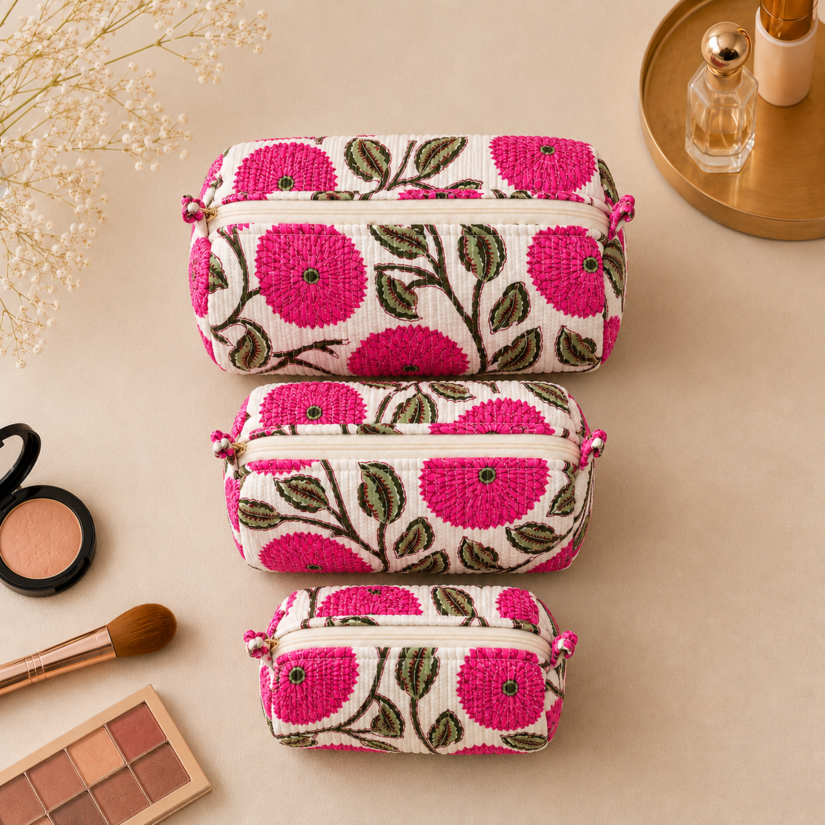 Set Of 3 Makeup Bag, Magenta Bud Floral Block Print Cotton Travel Case, Quilted Cosmetic Storage Bag Set