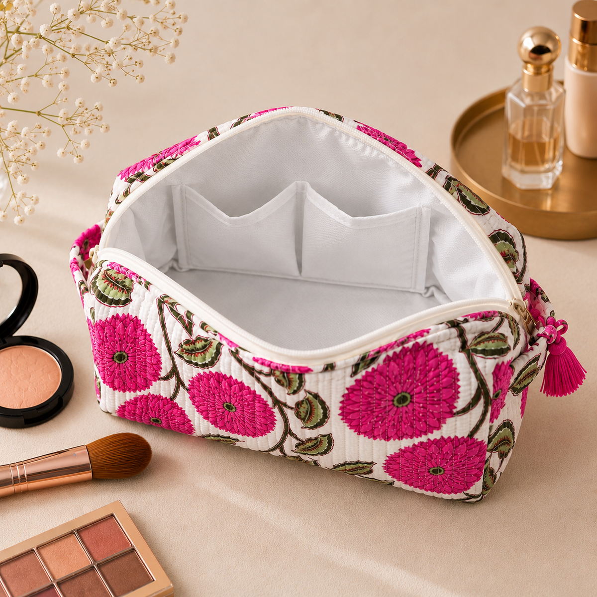 Set Of 3 Makeup Bag, Magenta Bud Floral Block Print Cotton Travel Case, Quilted Cosmetic Storage Bag Set