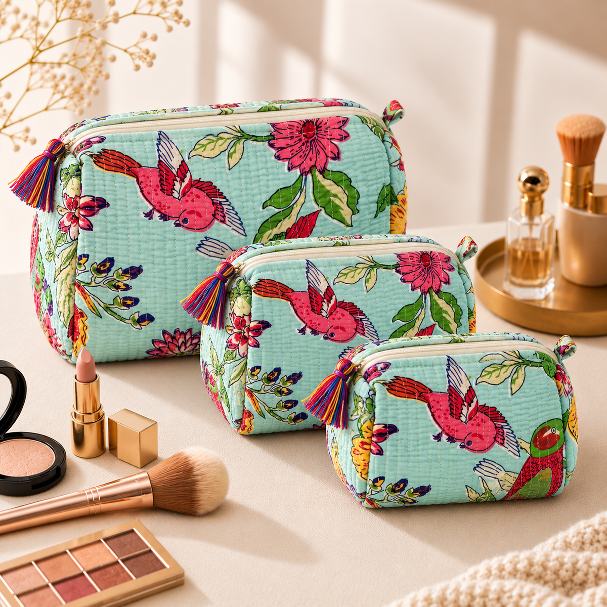 Set Of 3 Makeup Bag, Aqua Avian Bird Block Print Cotton Travel Case, Quilted Cosmetic Storage Bag Set