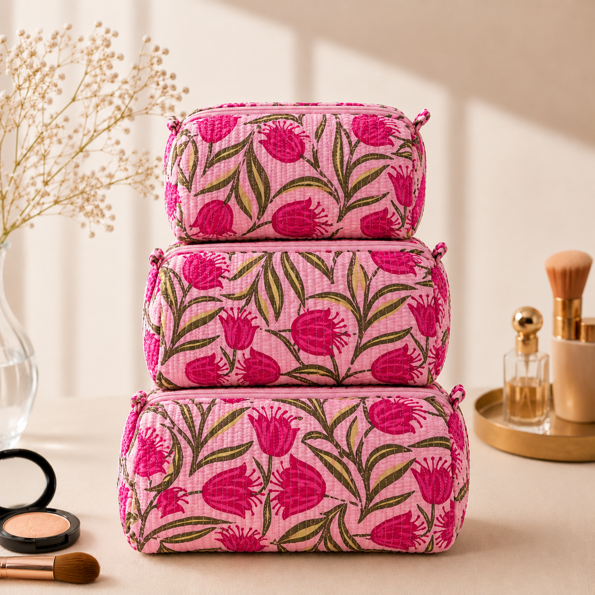 Set Of 3 Makeup Bag, Rose Tulip Floral Block Print Cotton Travel Case, Quilted Cosmetic Storage Bag Set