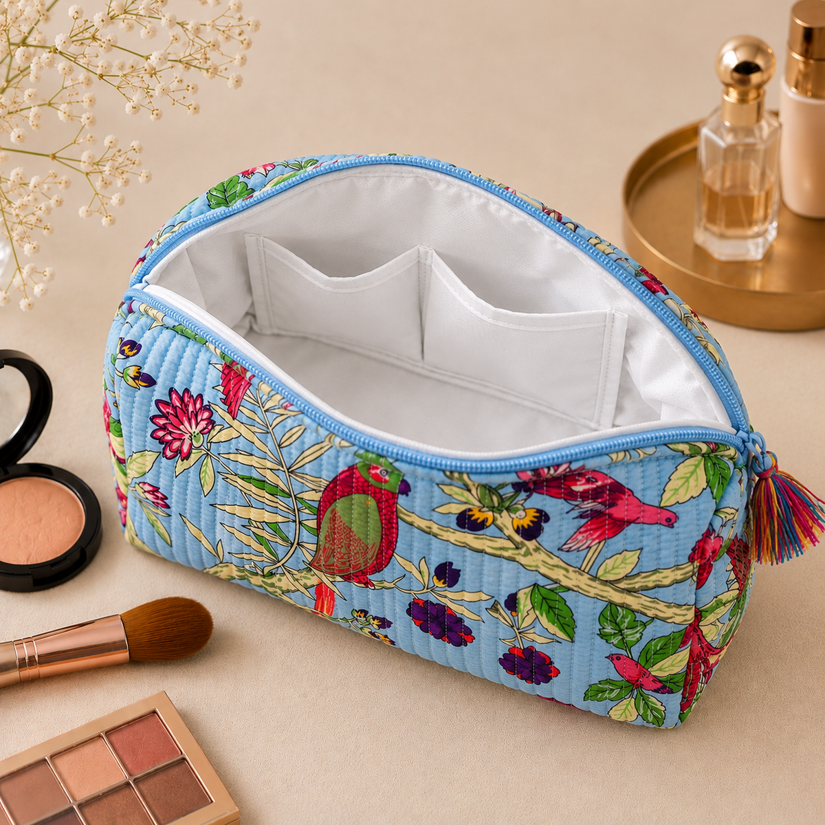 Set Of 3 Makeup Bag, Sky Avian Parrot Block Print Cotton Travel Case, Quilted Cosmetic Storage Bag Set