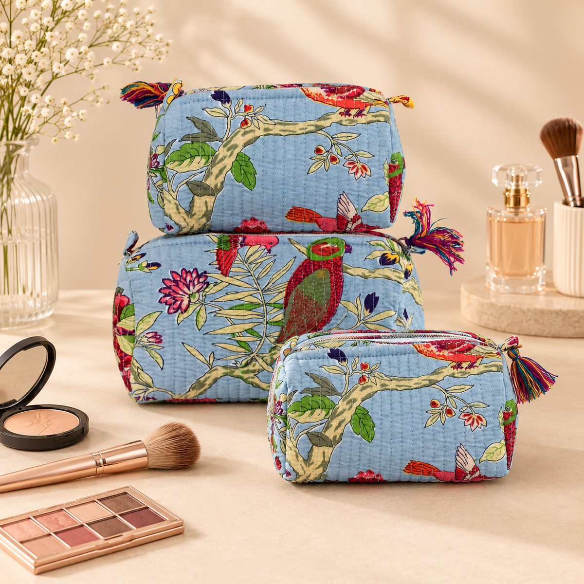 Set Of 3 Makeup Bag, Sky Avian Parrot Block Print Cotton Travel Case, Quilted Cosmetic Storage Bag Set