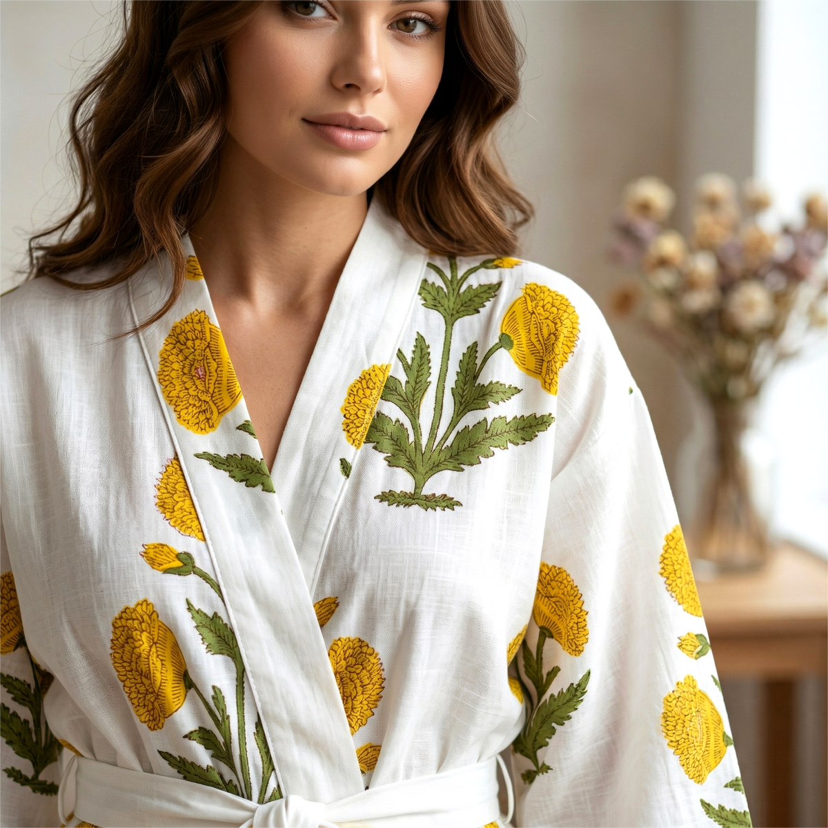 Handcrafted Block Print Cotton Kimono Robe | White & Golden Yellow Floral Botanical Lounge Robe | Spa & Sleepwear