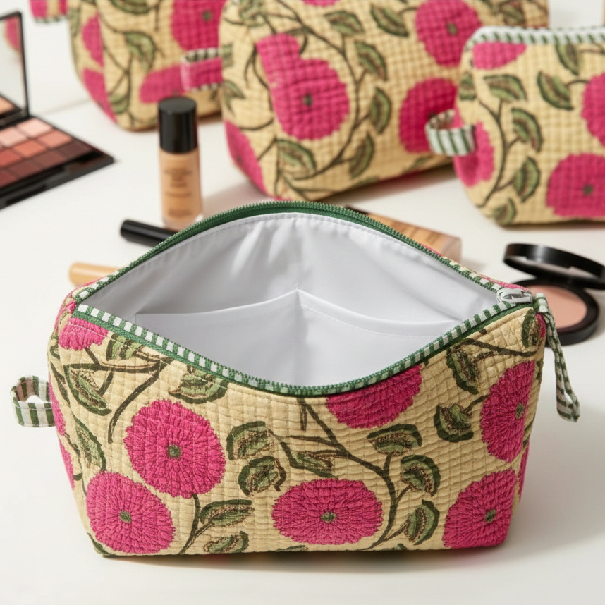 Set Of 3 Makeup Bag, Magenta Bud Floral Block Print Cotton Travel Case, Quilted Cosmetic Storage Bag Set