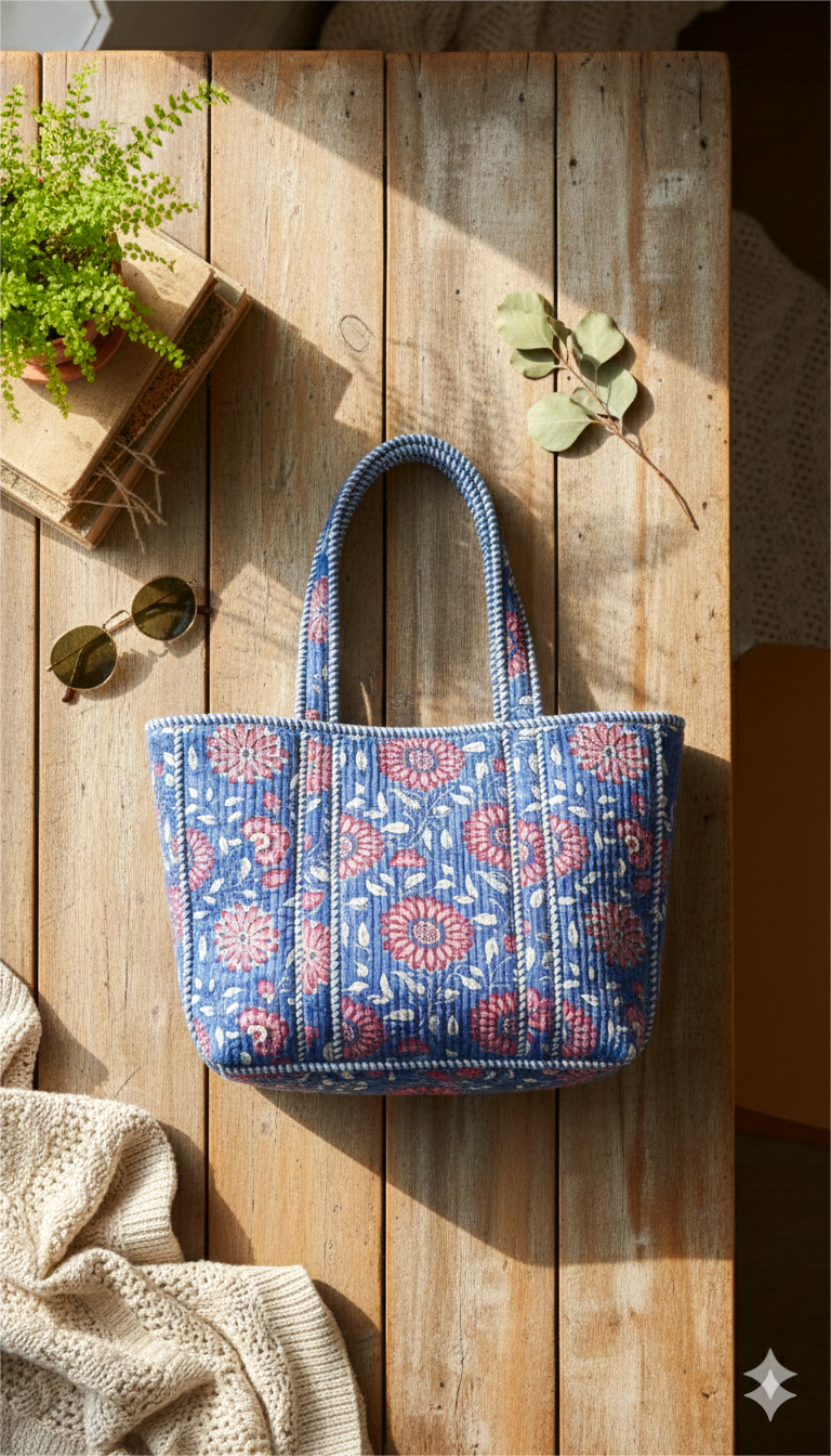 Handmade Blue Floral Block Print Quilted Cotton Tote Bag, Indian Boho Shoulder Bag, Botanical Travel Shopping Beach Bag