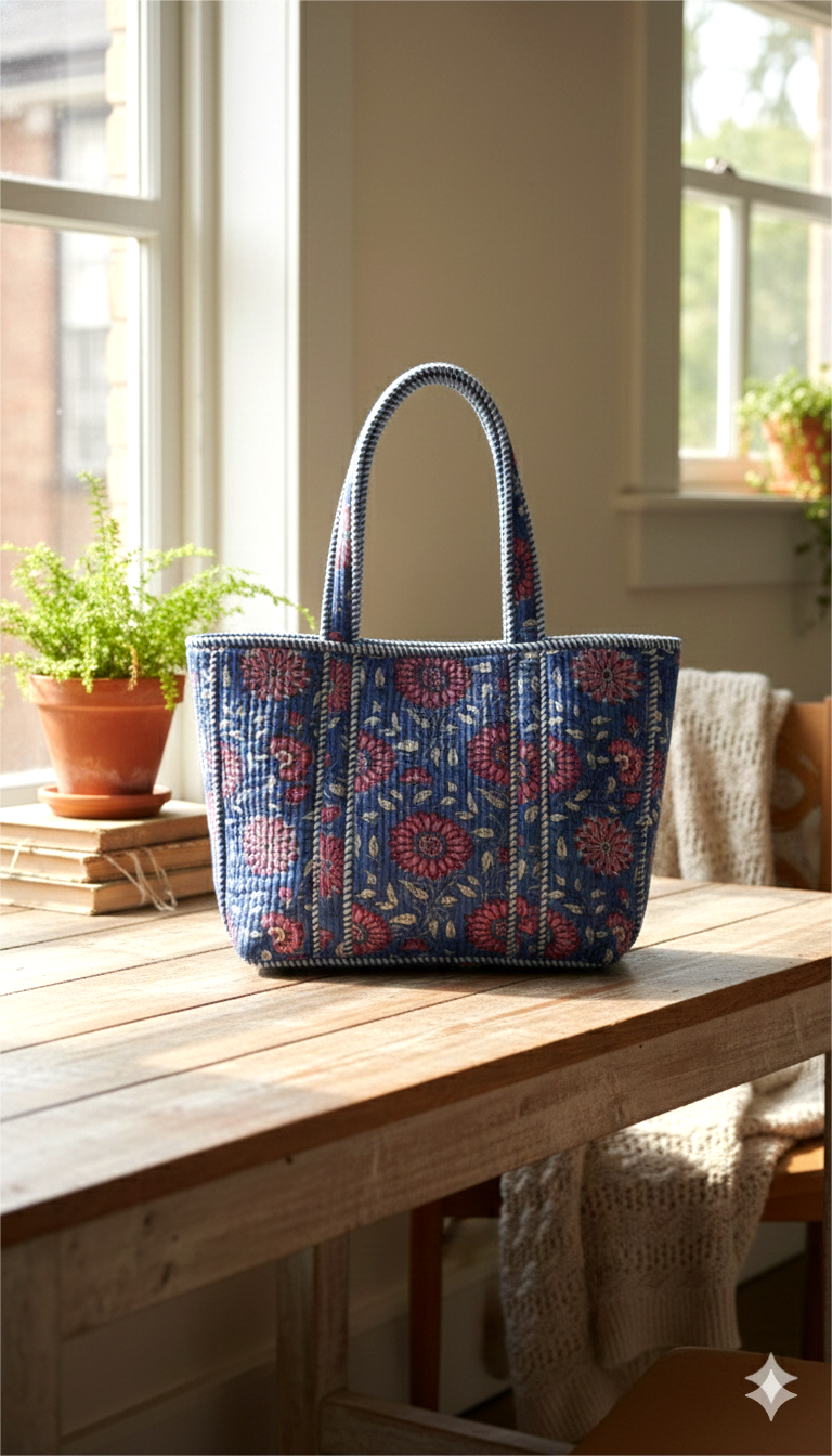 Handmade Blue Floral Block Print Quilted Cotton Tote Bag, Indian Boho Shoulder Bag, Botanical Travel Shopping Beach Bag