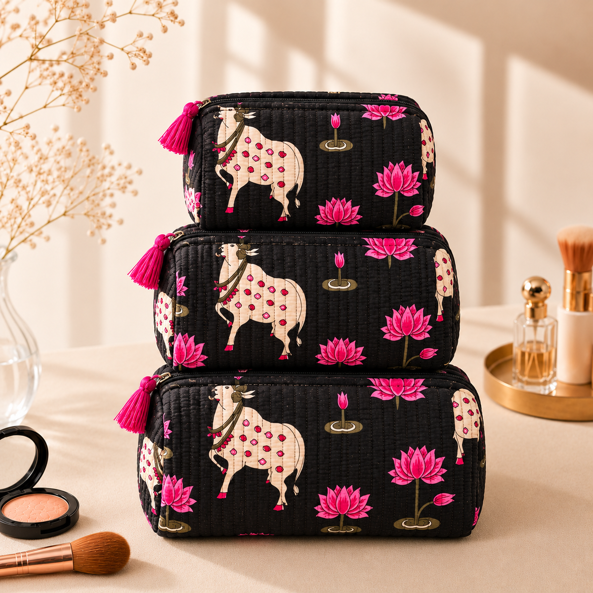 Set Of 3 Makeup Bag, Midnight Pichwai Block Print Cotton Travel Case, Quilted Cosmetic Storage Bag Set
