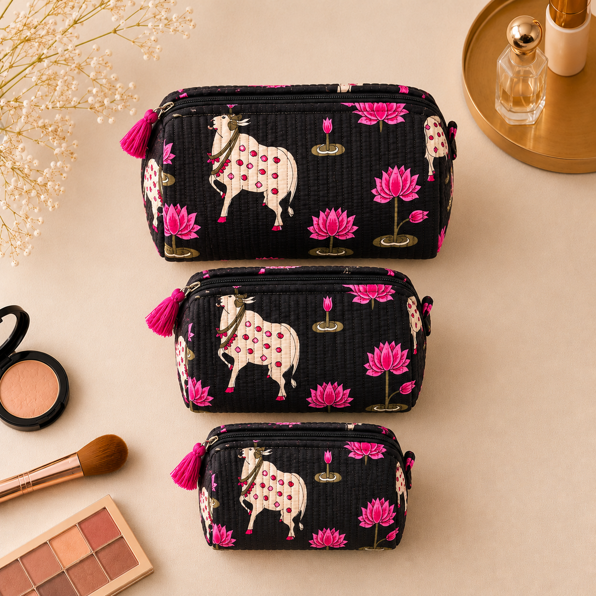Set Of 3 Makeup Bag, Midnight Pichwai Block Print Cotton Travel Case, Quilted Cosmetic Storage Bag Set