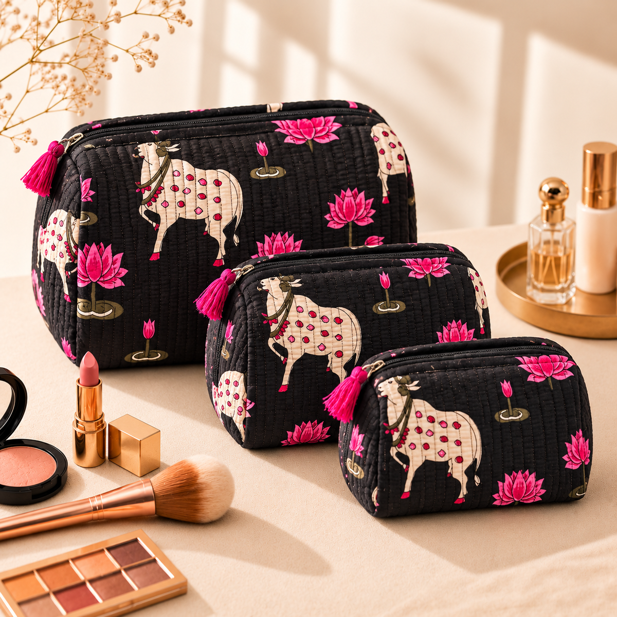 Set Of 3 Makeup Bag, Midnight Pichwai Block Print Cotton Travel Case, Quilted Cosmetic Storage Bag Set