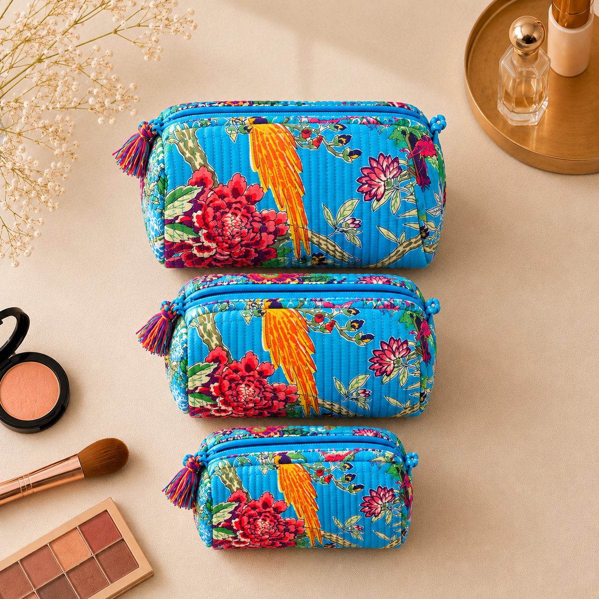 Set Of 3 Makeup Bag, Azure Parrot Floral Block Print Cotton Travel Case, Quilted Cosmetic Storage Bag Set