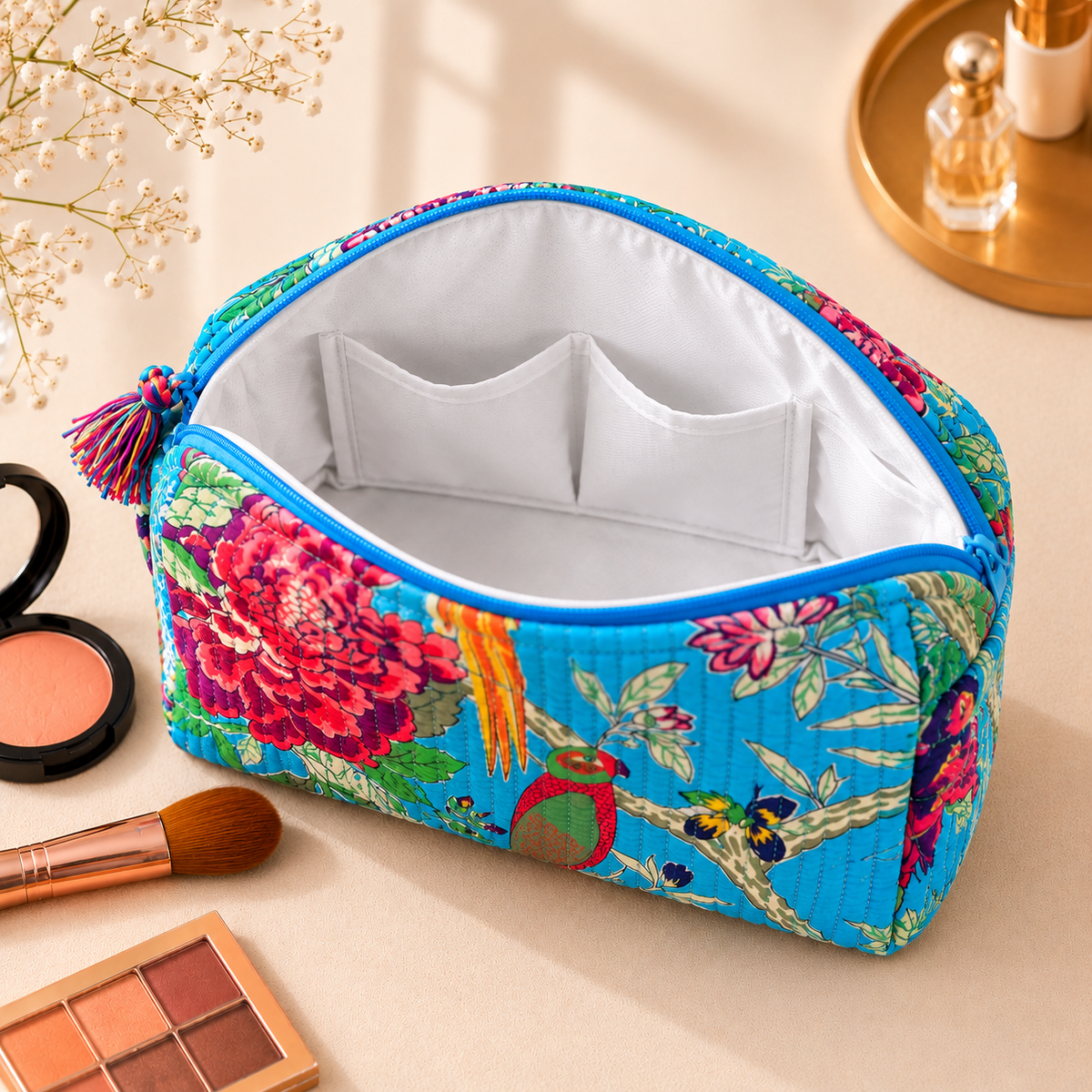 Set Of 3 Makeup Bag, Azure Parrot Floral Block Print Cotton Travel Case, Quilted Cosmetic Storage Bag Set