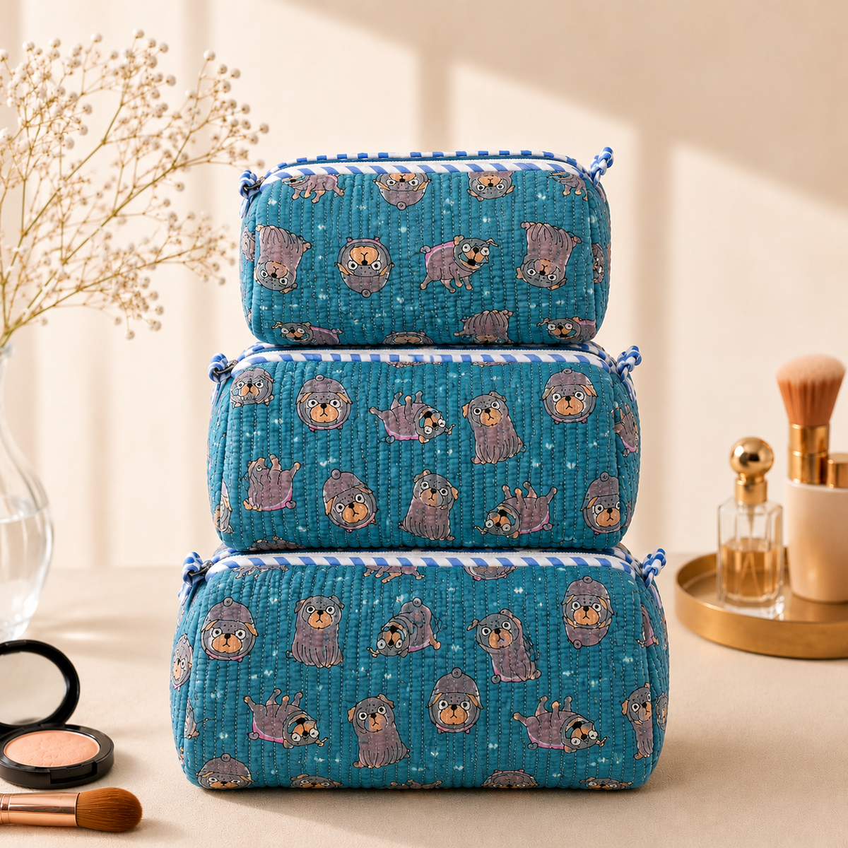 Set Of 3 Makeup Bag, Teal Pug Animal Print Cotton Travel Case, Quilted Cosmetic Storage Bag Set