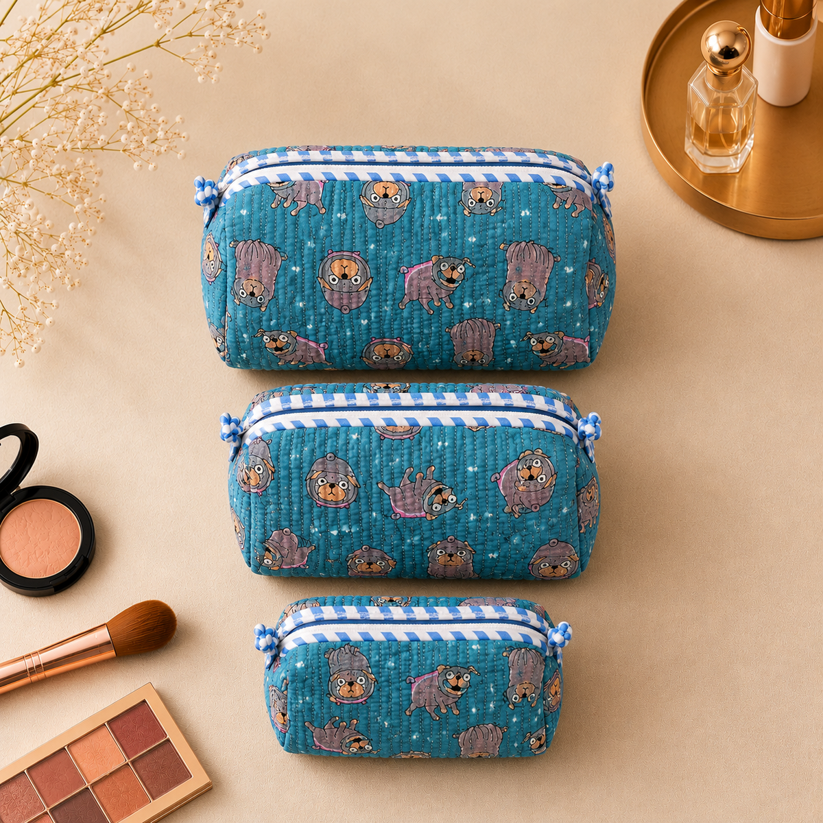 Set Of 3 Makeup Bag, Teal Pug Animal Print Cotton Travel Case, Quilted Cosmetic Storage Bag Set