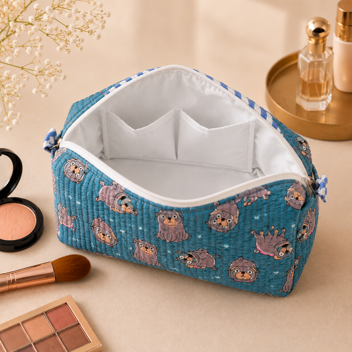 Set Of 3 Makeup Bag, Teal Pug Animal Print Cotton Travel Case, Quilted Cosmetic Storage Bag Set