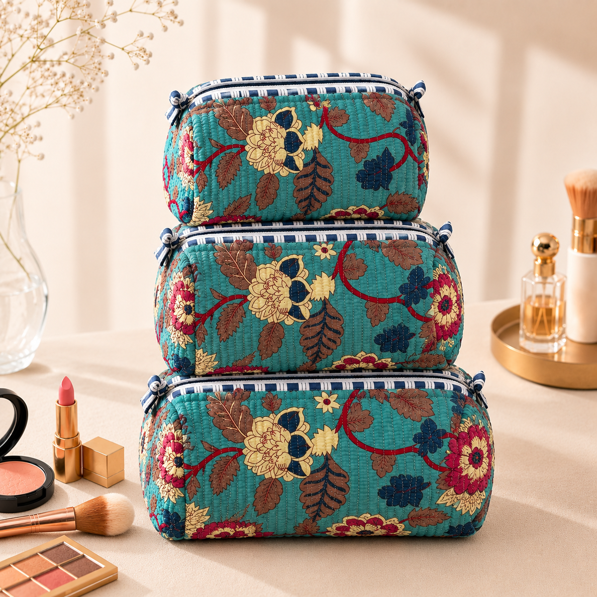 Set Of 3 Makeup Bag, Teal Heritage Floral Block Print Cotton Travel Case, Quilted Cosmetic Storage Bag Set
