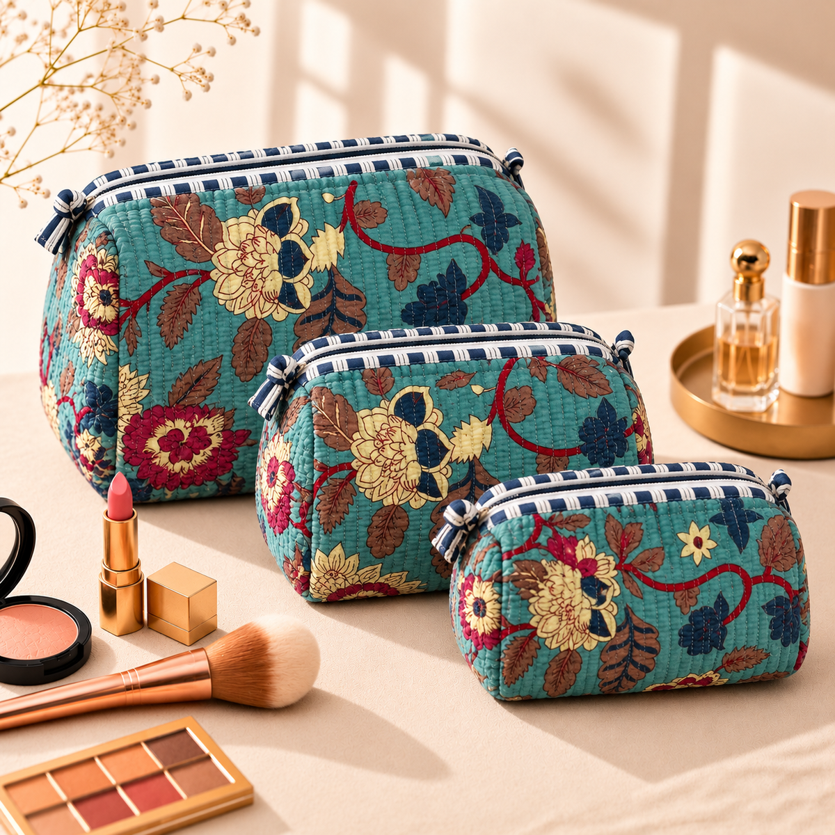 Set Of 3 Makeup Bag, Teal Heritage Floral Block Print Cotton Travel Case, Quilted Cosmetic Storage Bag Set