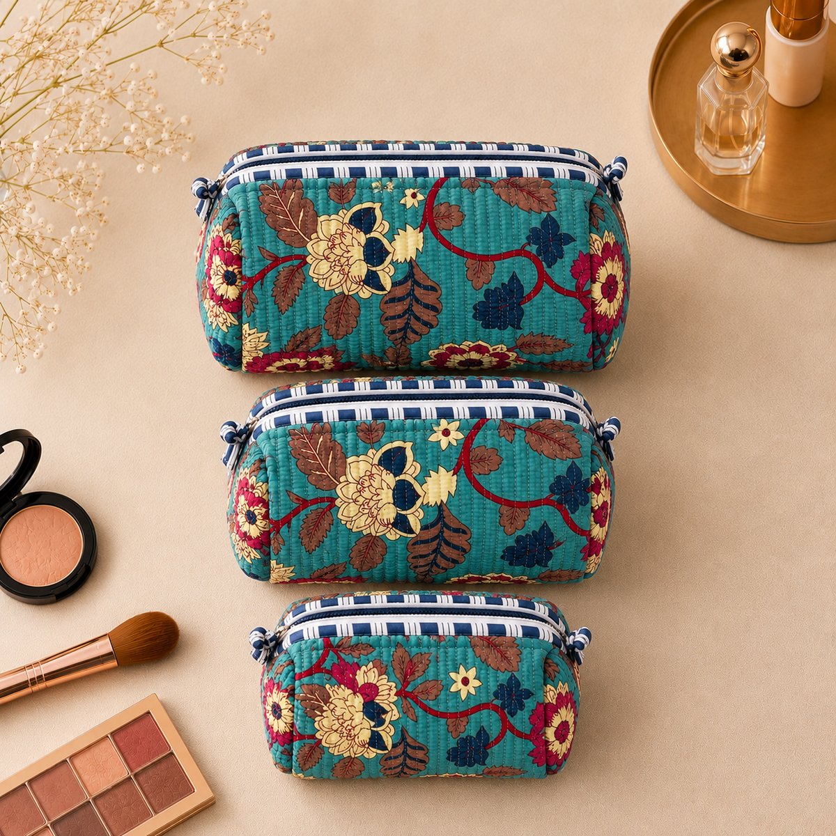 Set Of 3 Makeup Bag, Teal Heritage Floral Block Print Cotton Travel Case, Quilted Cosmetic Storage Bag Set