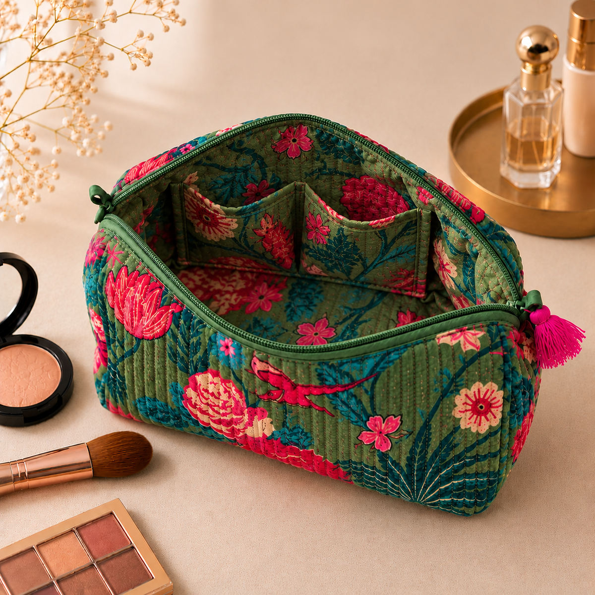 Set Of 3 Makeup Bag, Moss Velvet Garden Floral Print Travel Case, Quilted Velvet Cosmetic Storage Bag Set