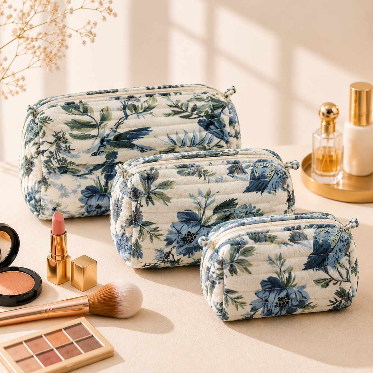 Set Of 3 Makeup Bag, Indigo Botanica Floral Block Print Cotton Travel Case, Quilted Cosmetic Storage Bag Set