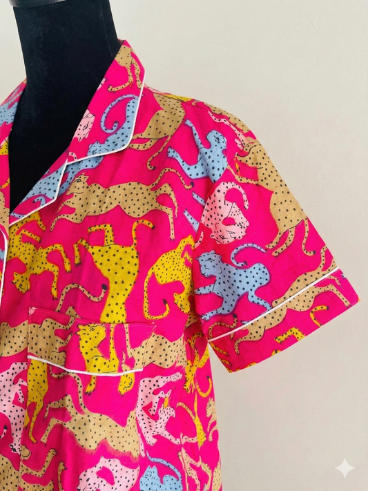 Pink Leopard Hand Block Print Cotton Pajama Set, Holiday Sleepwear & Loungewear, Christmas Gift