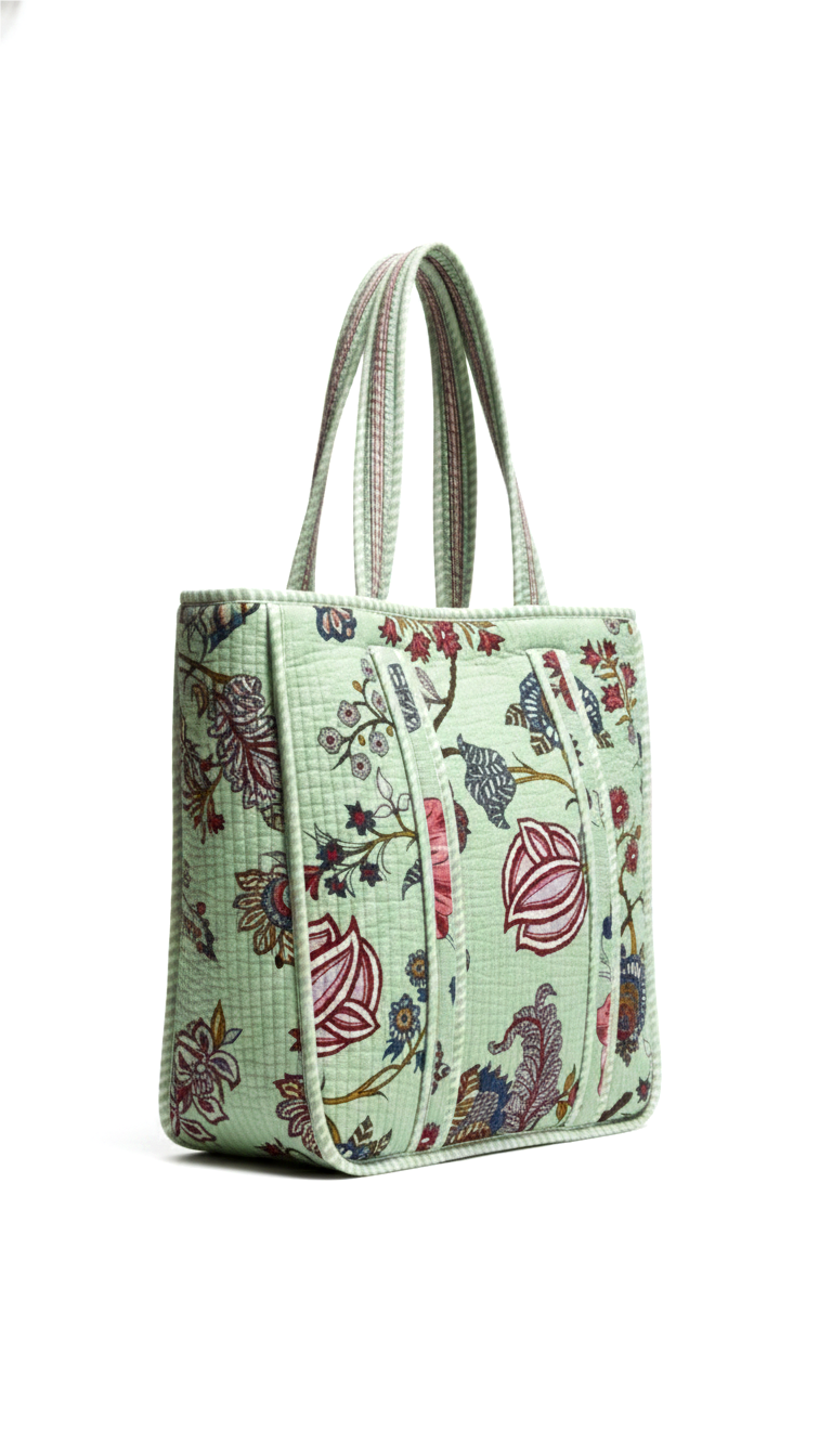 Handmade Green Floral Block Print Quilted Cotton Tote Bag, Indian Boho Shoulder Bag, Botanical Travel Shopping Beach Bag