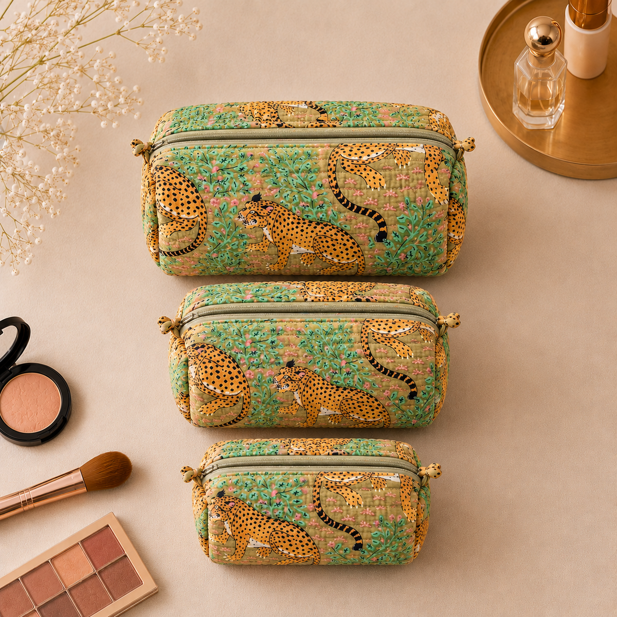 Set Of 3 Makeup Bag, Savannah Leopard Print Block Print Cotton Travel Case, Quilted Cosmetic Storage Bag Set